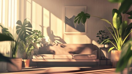 An elegant minimalist living room with a soft, inviting sofa,