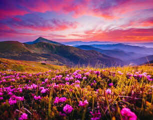 Magical rhododendron flowers on mountain slopes in pink shades. Carpathian mountains, Ukraine....
