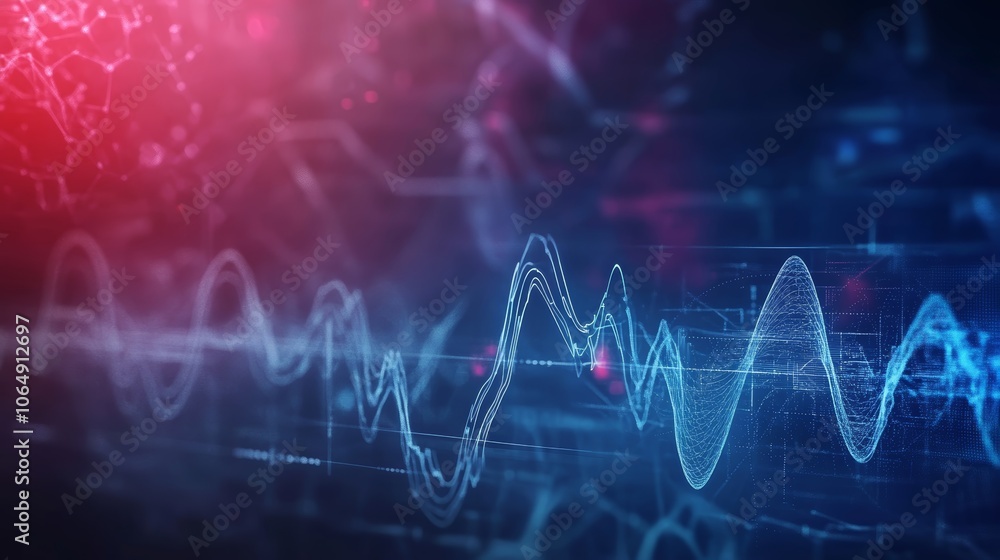 Poster dynamic interplay of red and blue, a vibrant waveform visualization across dark background, depictin