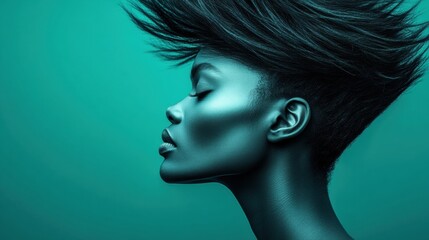 Fototapeta premium Profile of a woman with dynamic hair against a teal background, AI