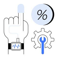Hand wearing a health monitor, gear with wrench, and percentage symbol. Ideal for healthcare, technology, engineering, statistics, fitness, maintenance, performance Line metaphor