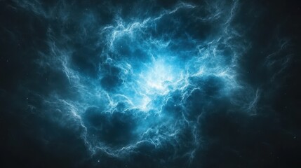 A mesmerizing swirl of electric blue and black clouds captures the essence of a cosmic nebula in deep space at night