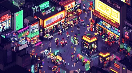 Obraz premium A bustling city street at night, filled with neon lights, signs, and people.