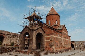 Khor Virap Monastery showcasing restoration work under clear skies in Armenia