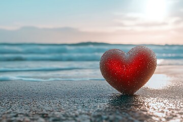 Fototapeta premium Wet, glistening red heart sits on the shoreline as gentle waves wash the sand, creating a romantic scene at sunset