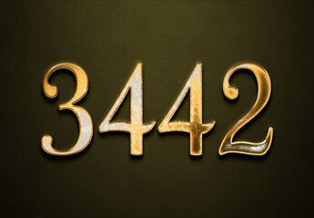 Old gold effect of 3442 number with 3D glossy style Mockup.
