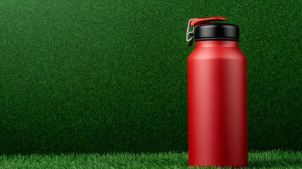 Vibrant red water bottle on a lush green field, hydration in nature's embrace bright