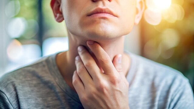 Man with sore throat touching neck in pain