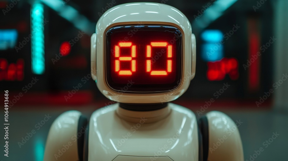 Poster retro robot displaying 80: a futuristic, white robot with a retro-styled digital display showing the