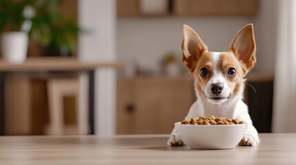 Happy, pampered pooch eagerly looking at a bowl of nutritious dog food, radiating joy and excitement, with a simple background to highlight the cheerful moment