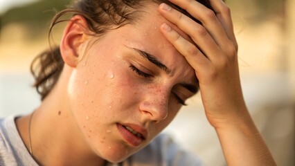 Woman sweating from fever and chills at home