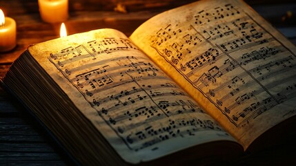 beautifully illuminated open orchestra book showing intricate musical notes, with warm light casting a gentle glow on the detailed notation, the pages slightly worn