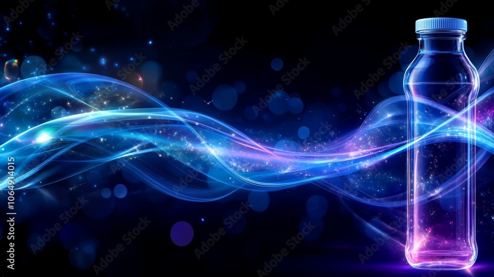 Poster dynamic blue swirl enveloping a bottle, captivating visual of refreshment and fluid motion