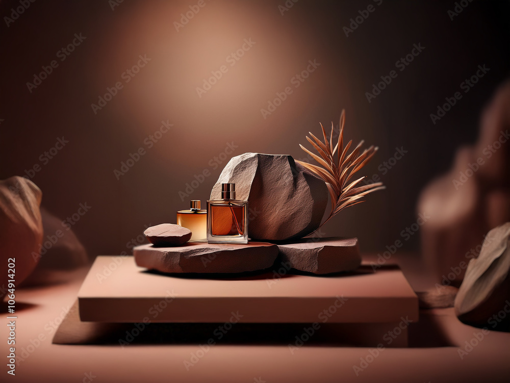 Poster Two perfume bottles rest on a rock formation with a single branch of leaves.