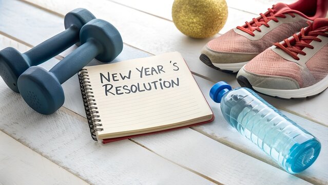New Year's resolution items with exercise gear