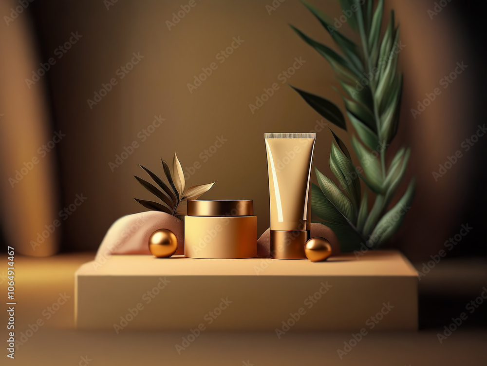 Poster a minimalist product display featuring a jar and tube of cosmetic products on a platform with gold a