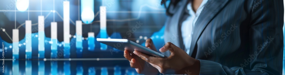 Poster A business professional using a tablet to analyze data with a background featuring charts and graphs. This imagery highlights technology and data analysis in a corporate environment.