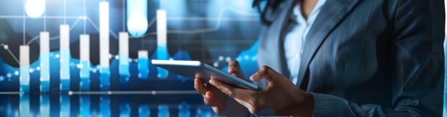 Fototapeta premium A business professional using a tablet to analyze data with a background featuring charts and graphs. This imagery highlights technology and data analysis in a corporate environment.
