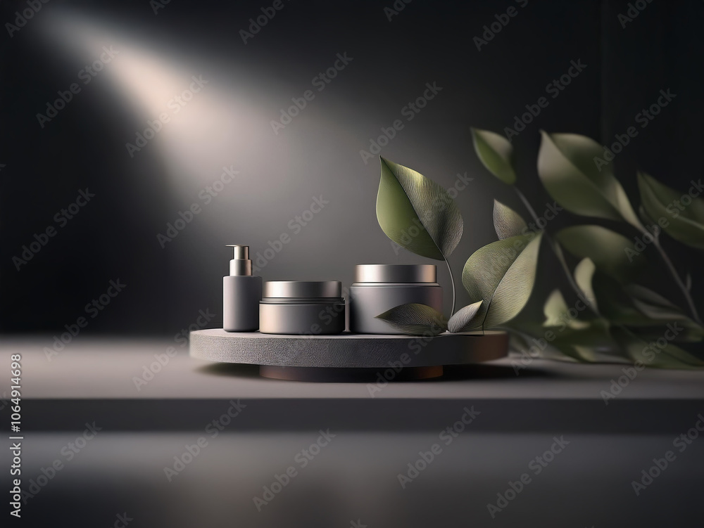 Poster a minimalist product display showcasing a set of skincare products on a round platform, illuminated 