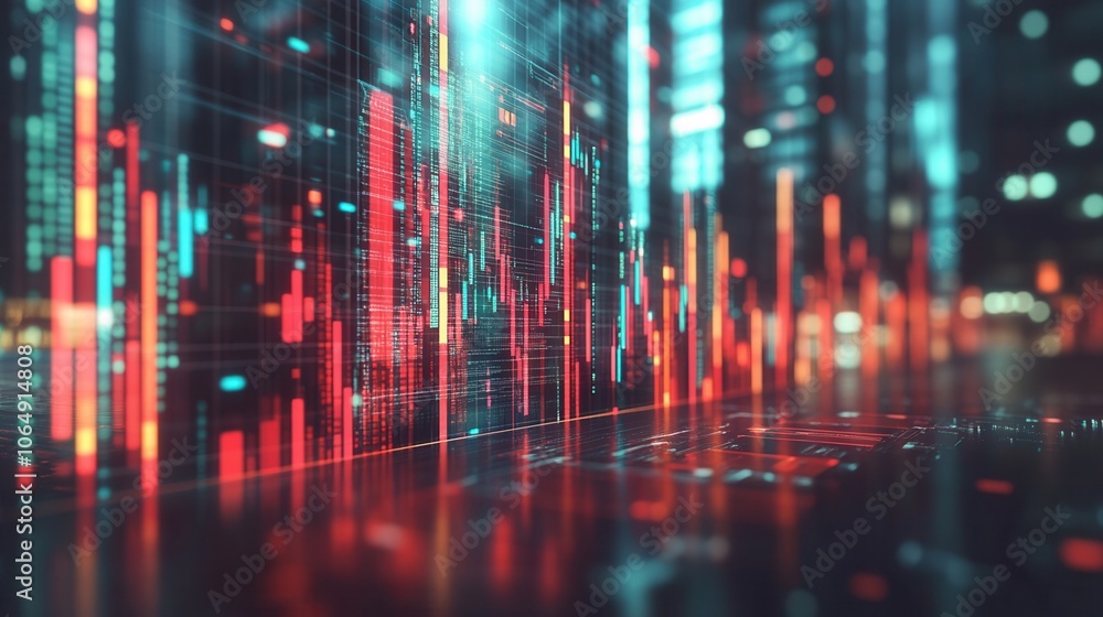 Poster vibrant digital data visualization with glowing bars and lines representing market trends and financ