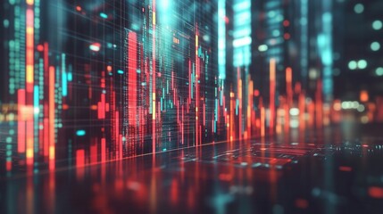 Fototapeta premium Vibrant digital data visualization with glowing bars and lines representing market trends and financial analytics in modern technology.