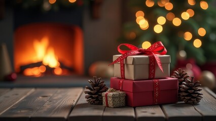 Cozy christmas scene with gifts and warm fireplace ambiance