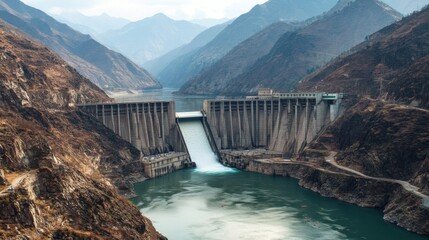 High-angle view of a hydroelectric dam nestled between