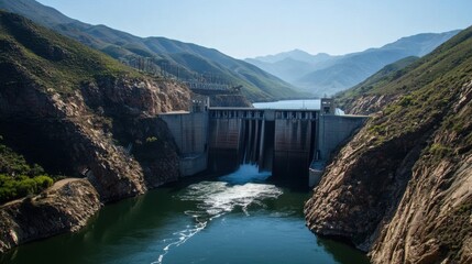 High-angle view of a hydroelectric dam nestled between