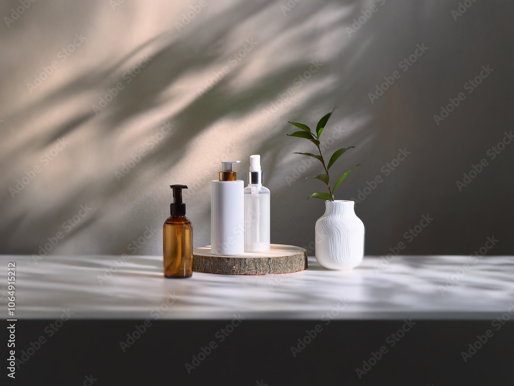 Poster Four bottles of lotion and a sprig of green leaves in a white vase sit on a wooden stand with shadows cast on a white tabletop.