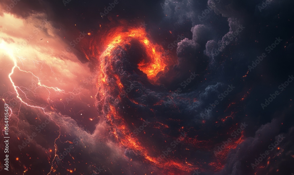 Poster a dramatic image of a tornado with fiery elements swirling around, creating a striking contrast with