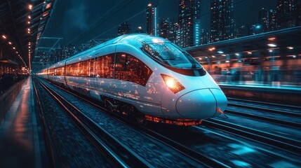 Fototapeta premium Futuristic high-speed train racing through the night with glowing digital lights and motion blur Generative AI