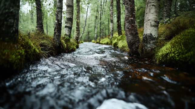 Serene forest stream flowing between lush green moss-covered banks and tall birch trees on a calm, overcast day - Powered by Adobe