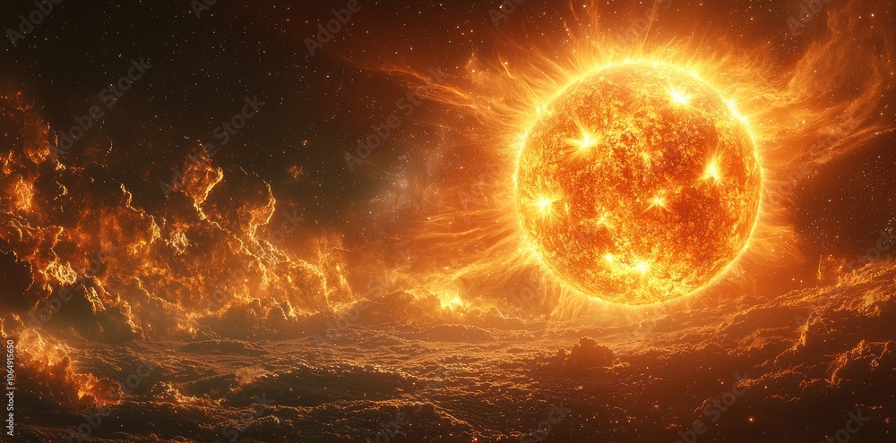 Canvas Prints fiery sun erupting in space with cosmic flames and stars generative ai