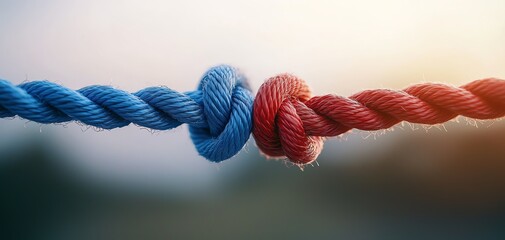 Close-up of a knot formed by red and blue ropes, symbolizing connection and teamwork against a blurred background.