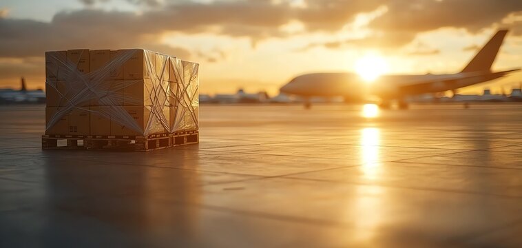 Cargo pallet at sunset on airport runway, showcasing transportation and logistics in a serene atmosphere.