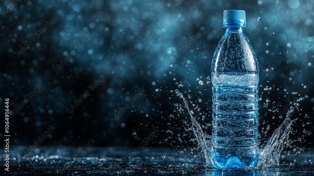 Poster dynamic splash of crystalclear water erupting from a bottle, refreshing display of liquid motion