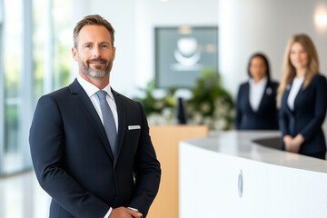 A professional man smiles at the camera while two women assist clients in a sleek modern office