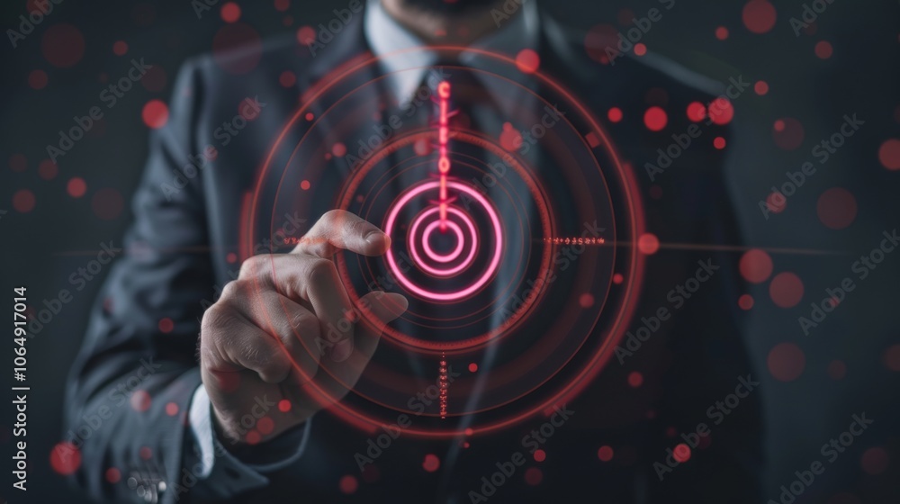Poster a businessman in a suit is interacting with a cuttingedge touchscreen interface, focusing on a targe