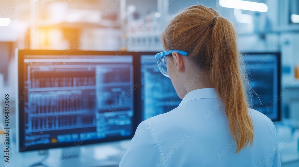 Poster lab scientist analyzing data on computer screen: a female scientist wearing safety goggles and a lab