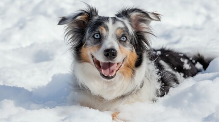 Fototapeta premium Happy dog playing in snow in winter. Happy dog is enjoying great outdoors after snow storm.