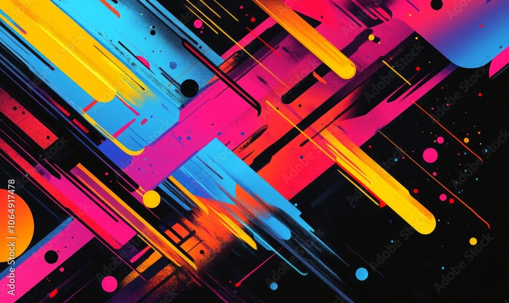 Poster a geometric abstract poster with sharp bold typography in neon colors, featuring dynamic text on a b