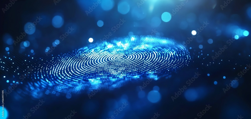 Aufkleber A mesmerizing digital fingerprint design against a dynamic blue background, showcasing intricate patterns and glowing bokeh lights, perfect for tech themes.