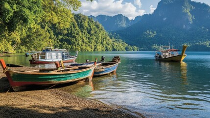 Obraz premium raditional longtail boats anchored near the shores