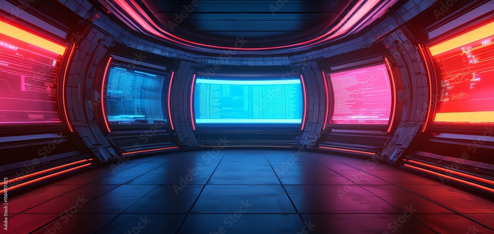 Poster futuristic interior of a sci-fi room with vibrant neon lights shining in blue and red, creating a un