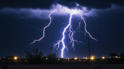 Lightning, electric thunderbolt strike of blue colour during night storm, impact, crack, magical energy flash. Thunderstorm flash on black background