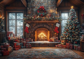 Obraz premium Cozy Christmas Cheer by the Fireplace with Warm Glow and Holiday Decor for a Festive Atmosphere