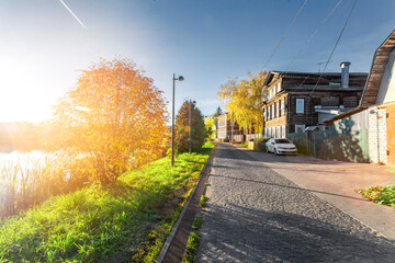 Bogorodsk, Nizhny Novgorod region, Russia, Street view of an ancient provincial Russian city on the shore of a lake on a summer evening. An ancient building of artisans, an architectural monument.