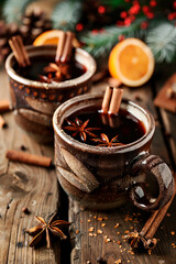 Christmas punch or mulled wine with cranberries, citrus and spices on rustic background