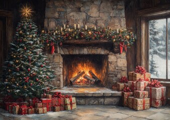 Cozy Christmas Cheer by the Warm Fireplace - A Festive and Inviting Holiday Atmosphere for Seasonal Decor and Celebration