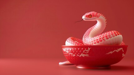 Red snake in a decorative bowl on a solid background. Zodiac sign according to the Chinese horoscope. Symbol 2025.